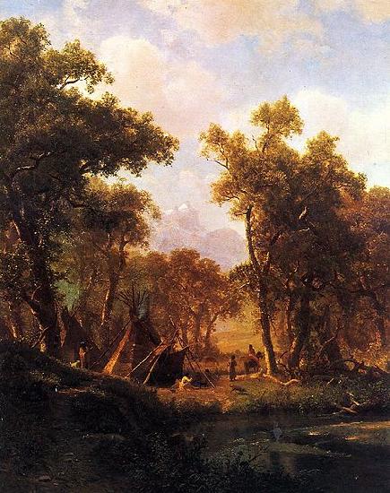 Albert Bierstadt Indian Encampment, Shoshone Village - in a riparian forest, western United States